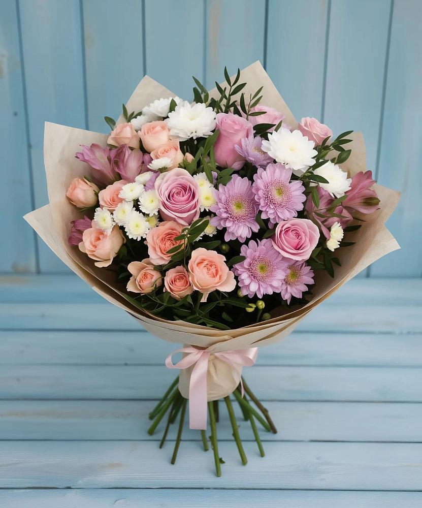 Букет цветов из: Хризантемы, Розы и Альстромерии в Сосны