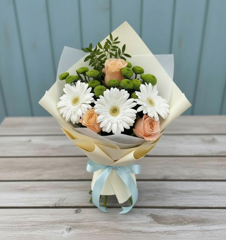 Букет цветов из: Герберы, Розы и Хризантемы в Сосны