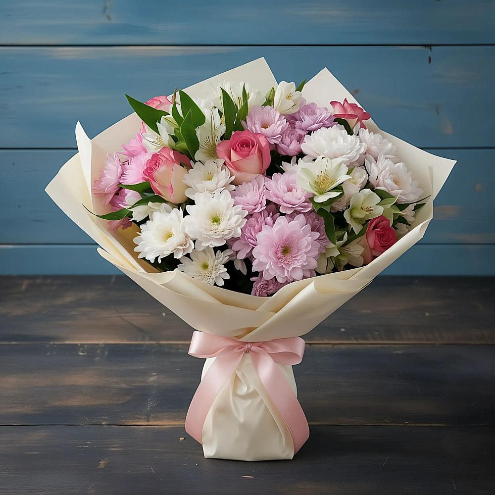 Букет цветов из: Хризантемы, Альстромерии и Розы в Сосны